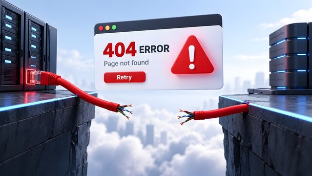 Severed red ethernet cable over sky chasm causing server 404 error and network disconnection