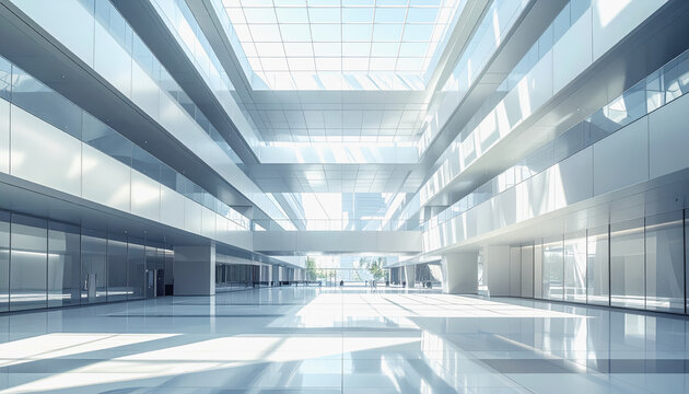 Modern office atrium with geometric patterns of natural light and reflections