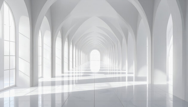Modern white hall with arched ceiling and large windows creating a bright and airy atmosphere