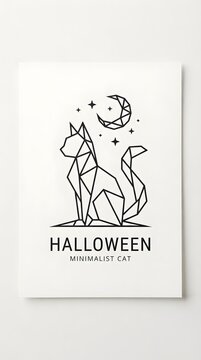 Minimalist cat vector logo illustration with geometric low poly style, crescent moon and stars