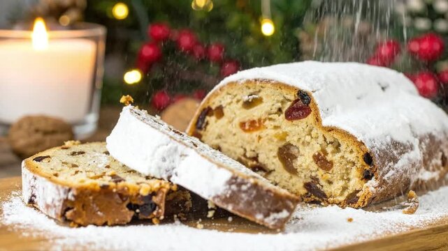 Christmas Stollen Cake Sprinkled with Powdered Sugar