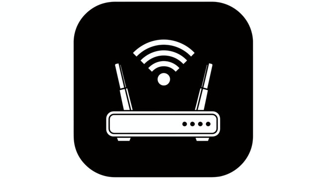Wireless router with antennas emitting a wifi signal icon on a black rounded square background.