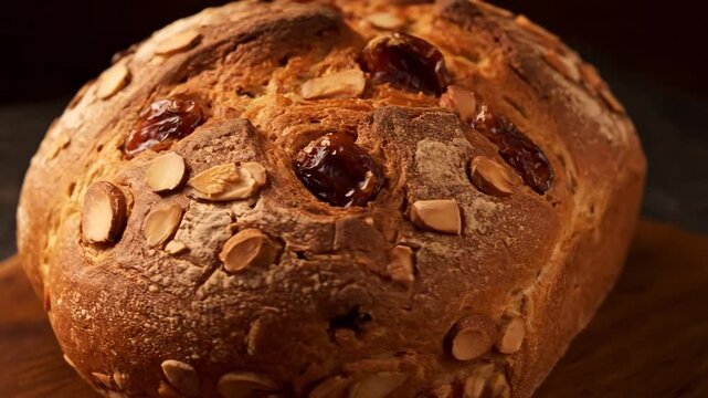 Close-up of Rustic Artisan Fruit and Nut Bread Loaf. Freshly baked whole grain sourdough bread crust topped with sliced almonds and dried dates or raisins, displayed in dramatic lighting.