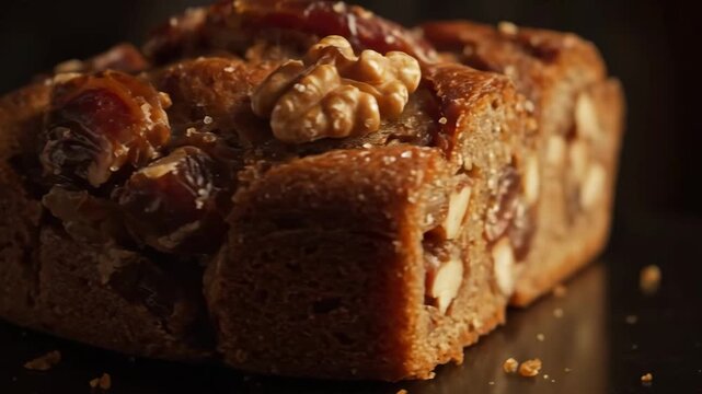 Extreme close-up of delicious homemade date and nut loaf cake with glossy topping on a dark background, ready for dessert or breakfast.