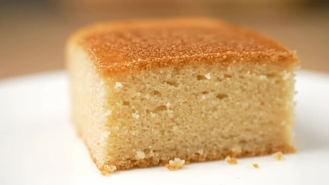 Close-up macro view of a delicious slice of moist sponge cake or bread pudding topped with sweet golden glaze and cinnamon powder, ready for dessert or breakfast.