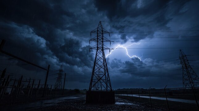 Dramatic lightning strike hitting a high voltage transmission tower during a thunderstorm at night, capturing power surge and energy grid vulnerability for utility infrastructure news.