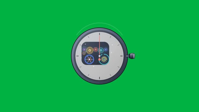 Modern volumetric 2.5D mechanical watch on green screen showing crown winding, energy transfer through a precision gear train, escapement, balance wheel and moving clock hands.