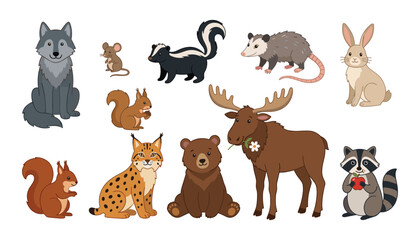 Obraz premium Cute woodland animals cartoon character vector element set featuring wolf bear moose lynx rabbit raccoon skunk squirrel and opossum