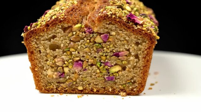 Close-up of Luxurious Pistachio and Rose Loaf Cake. Freshly baked sweet dessert bread richly garnished with crushed nuts and dried rose petals, isolated on a white surface.