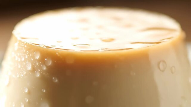 Close-up macro shot of a chilled creamy caramel custard pudding dessert with glistening condensation droplets on the surface, highlighting the smooth texture and delicious topping.