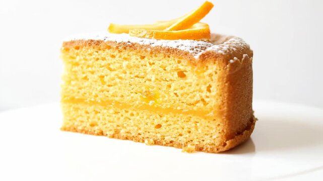 Delicious Slice of Orange Sponge Cake with Citrus Curd Filling, Topped with Powdered Sugar and Fresh Orange Zest, Isolated on a High-Key White Background
