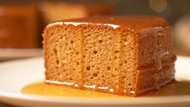 Close-up shot of rich golden sponge cake or pudding slice being drizzled with sweet caramel syrup or honey sauce on a white dessert plate