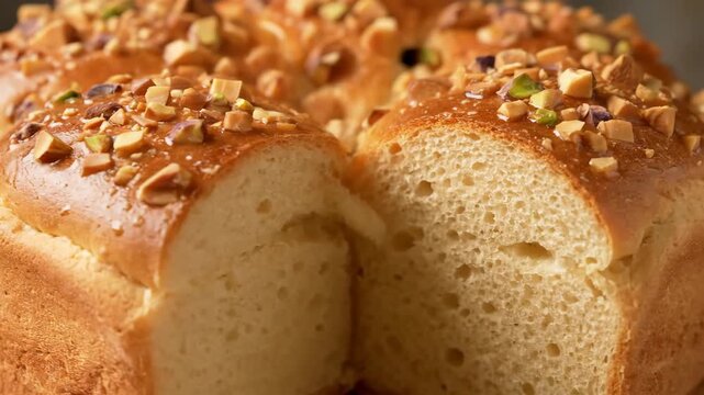 Delicious sweet brioche bread topped with golden sugar glaze and crushed pistachios, close-up view revealing the soft texture of the freshly baked dessert.
