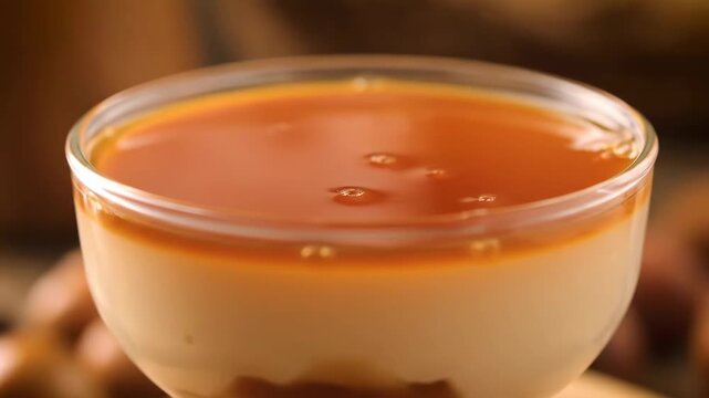 Close-up shot of rich and creamy panna cotta or pudding dessert topped with glossy caramel sauce in a small glass bowl against a rustic, dark background. Decadent sweet treat.