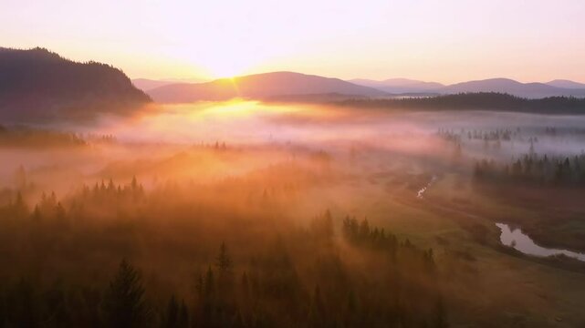 Aerial video of a serene sunrise over misty forests and mountains, capturing nature's beauty.