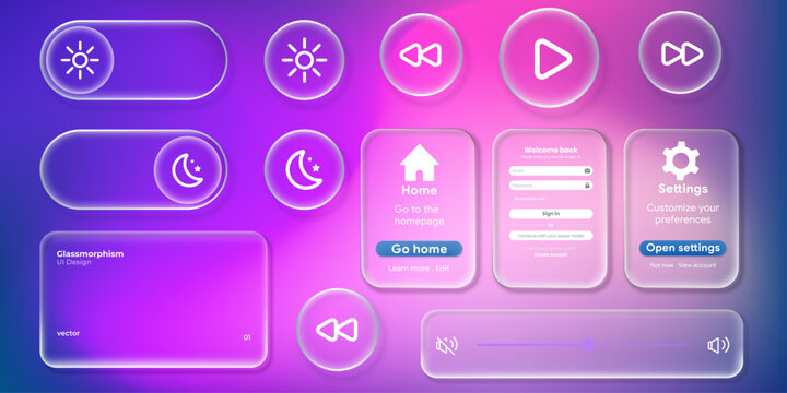 Glassmorphic control widgets collection featuring light theme toggle buttons and modern settings menu on purple backdrop.