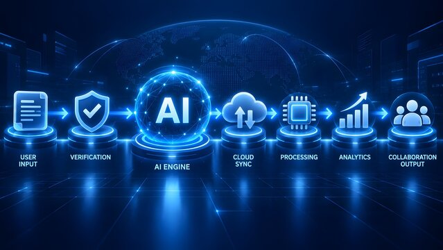 Artificial intelligence engine timeline with glowing process icons from user input to collaborative output