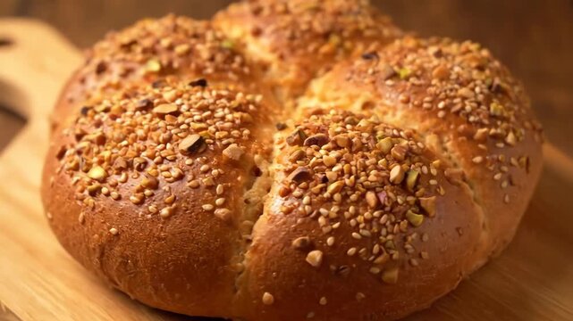 Closeup of freshly baked artisan loaf of bread topped with crunchy pistachios and sesame seeds on a wooden surface. Gourmet pastry for bakery, breakfast, or dessert concepts.
