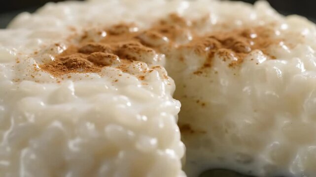 Creamy Rice Pudding (Arroz con Leche) Dessert with Cinnamon Powder Topping, Extreme Close-Up Macro Shot Showcasing Texture and Indulgence.
