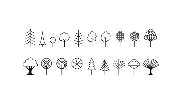 Set of minimalist tree icons featuring various geometric shapes and line art styles on white background