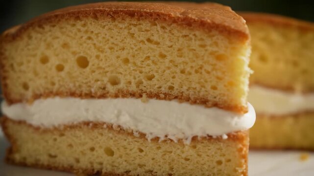 Delicious close-up of a layered sponge cake with creamy vanilla frosting showing the soft, porous texture of the baked dessert.