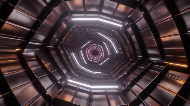 Futuristic 3D tunnel loop video. Moving through a metallic hexagonal corridor with glowing neon white lights and bronze reflective surfaces. Sci-fi motion graphic for modern technology backgrounds.