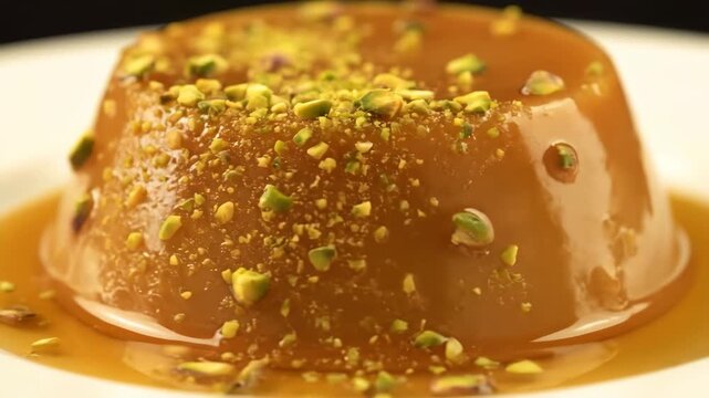 Delicious Italian panna cotta or flan dessert with rich caramel glaze, garnished heavily with crushed green pistachio nuts on a white plate, perfect for luxury menus.