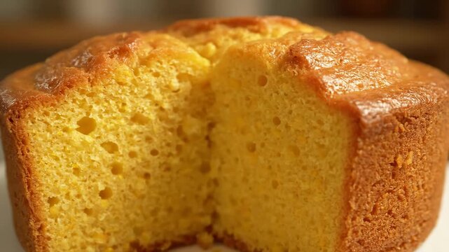 Close-up of a homemade golden Corn Cake (Bolo de Fub&aacute;) with a slice cut out, revealing the moist, light, and porous texture of the traditional Brazilian dessert.