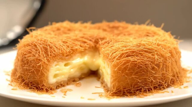 Close up of traditional Middle Eastern Knafeh dessert with golden crispy shredded phyllo dough and creamy cheese filling served on a white plate