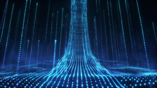 Abstract blue digital data wave and network connection peak. Glowing particles, vertical fiber optic streaks, flowing electronic grid. High-tech cyberspace, cloud computing, and big data.