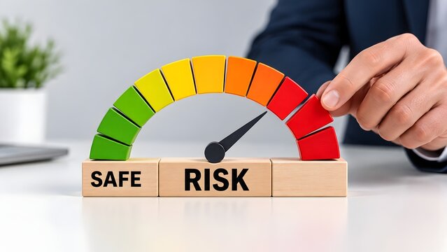 Hand adjusting risk meter pointing towards high red level next to safe green zone