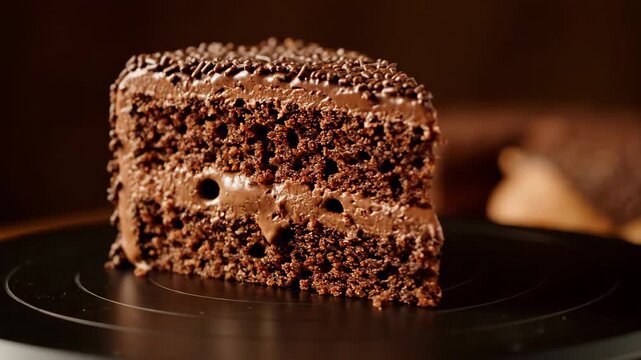Decadent slice of layered chocolate cake with thick frosting and covered entirely in chocolate sprinkles, presented against a dark, moody background.
