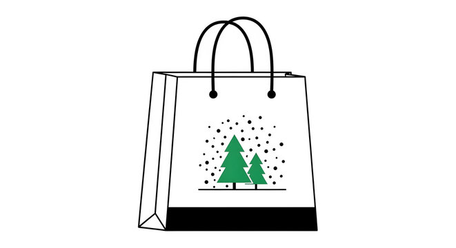 Minimalist Christmas shopping paper bag with green trees and snow illustration on a isolated transparent background