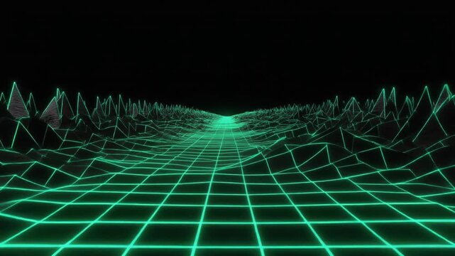 Retro synthwave wireframe landscape loop video. Neon green grid floor moving through eighties digital mountains under black sky. 3D vj background for music videos, gaming, and tech presentations.