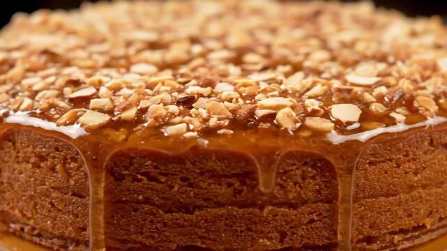 Decadent close-up of a sponge cake topped with a rich caramel glaze dripping down the sides and generously garnished with chopped almonds or nuts, highlighting the sweet texture.