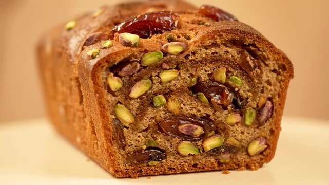 Close-up of freshly baked gourmet date and pistachio loaf cake. Appetizing sweet bread topped with nuts and dried fruit, perfect for dessert or a snack.