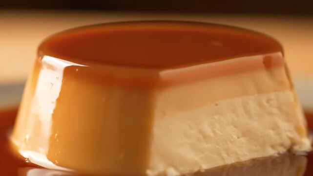 Extreme Closeup Macro Shot of Cr&egrave;me Caramel Flan Dessert with Glossy Caramel Sauce