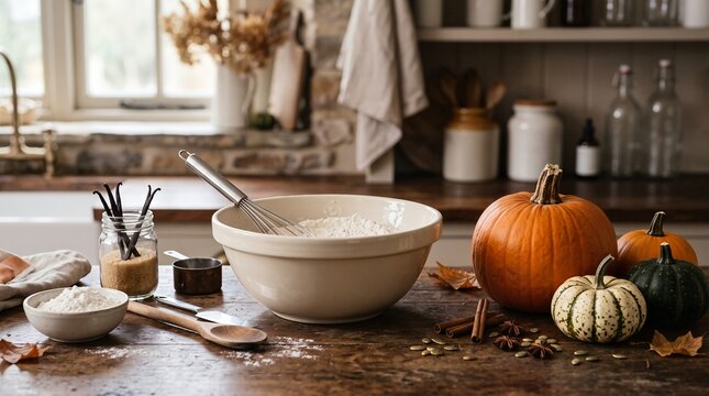Traditional autumn baking ingredients featuring pumpkins and flour in a rustic kitchen for Halloween or Thanksgiving preparations.