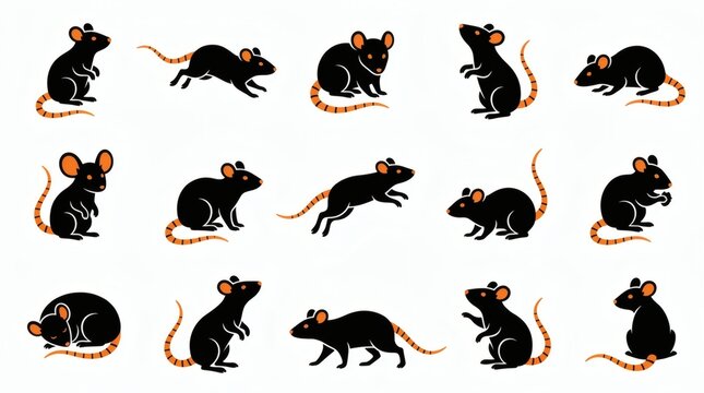 Black And Orange Two Tone Flat Vector Rat Mouse Halloween Creatures Collection

