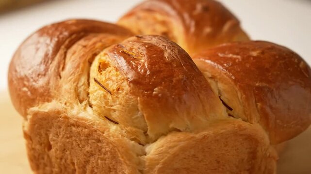 Close-up macro shot of a golden, freshly baked traditional braided loaf of bread, showing the rich glossy crust texture and perfect golden-brown bake.
