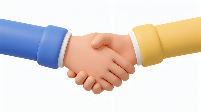 3d illustration of a handshake between two people wearing blue and yellow sleeves isolated on white background