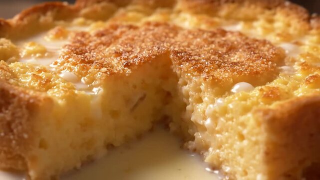Macro close-up of sweet dessert cake soaking in creamy condensed milk sauce. Golden brown sugary crust highlights the moist and appetizing texture of the baked treat.