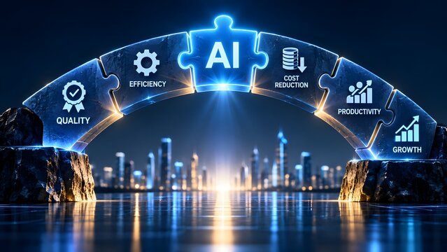 Artificial intelligence puzzle keystone bridging business optimization metrics over modern city skyline