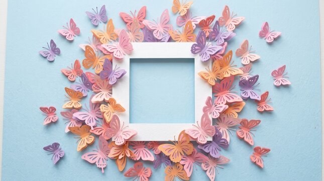 A white square frame surrounded by a colorful arrangement of paper butterflies in shades of pink, orange, purple, and blue on a light background