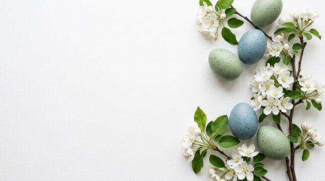 Easter eggs in blue and green tones arranged with white apple blossom branches on a clean white background, for spring holiday decor