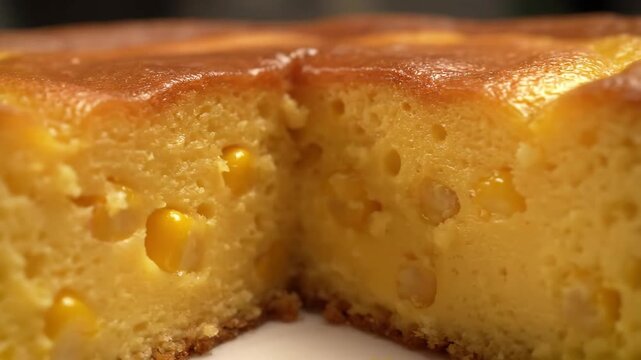 Macro close-up of a moist, golden yellow cake with a caramelized glaze and a slice removed, highlighting the delicious texture and sweet baked details.