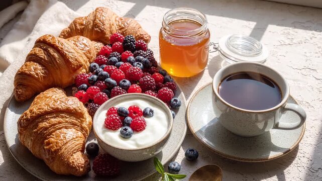 Delicious breakfast spread with croissants, fresh berries, yogurt, honey, and coffee