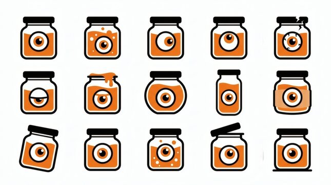 Black And Orange Two Tone Flat Vector Eyeball In Jar Creature Shapes Collection

