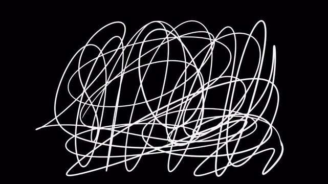 Tangled Scribble Lines Overlap and Twist on Black Background with Hand Drawn Doodle Style. Rough Freehand Scribbles Representing Confusion