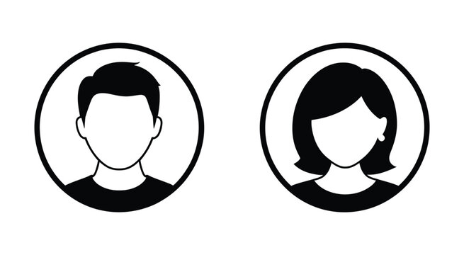 Two head silhouettes featuring male and female profiles inside circular shapes, person icons, gender symbols, identity, user avatars, and minimalist vector design.